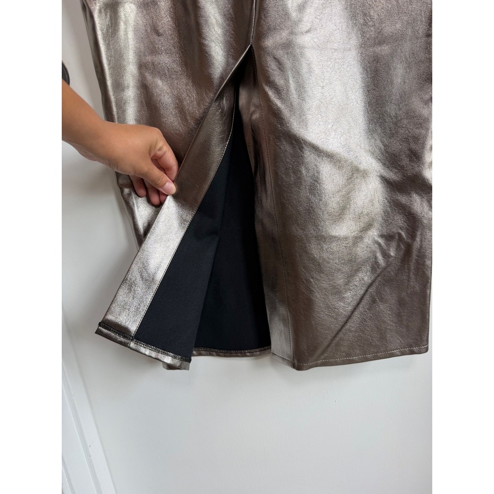 Avec Les Filles Metallic Faux Leather Midi Dress SilverBronze Square Neck Size 4 - Picture 7 of 11